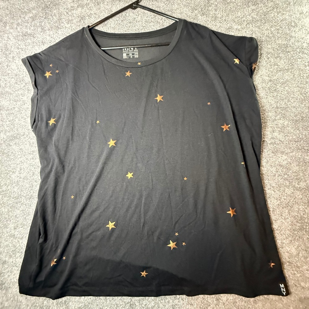 Marc New York Performance Black Gold Metallic Star Cap Sleeve Tee Shirt 2X